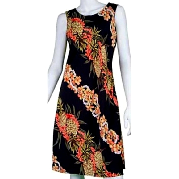 Hilo Hattie Dresses & Skirts - Hilo Hattie Hawaiian Dress Sleeveless Tropical Black Lei Plumerias & Pineapples